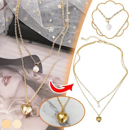 Heart Charm and Pearl Layered Necklace.
