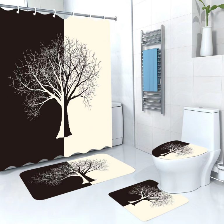 Shower Curtain Sets with Non-Slip Mat, Toilet Lid Cover and Bath Mat, Shower Curtains with  Hooks, Waterproof 200 cm by 180 cm