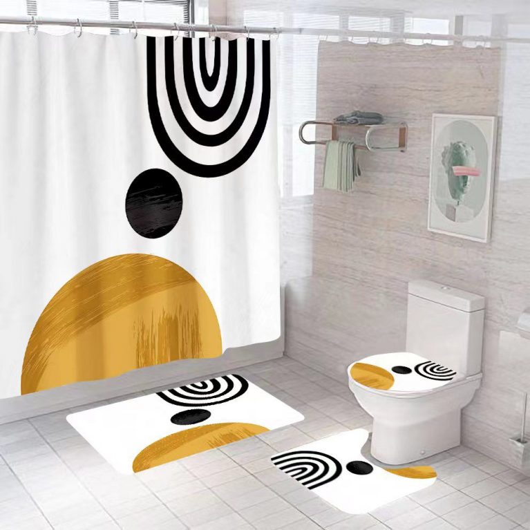 Shower Curtain Sets with Non-Slip Mat, Toilet Lid Cover and Bath Mat, Shower Curtains with  Hooks, Waterproof 200 cm by 180 cm