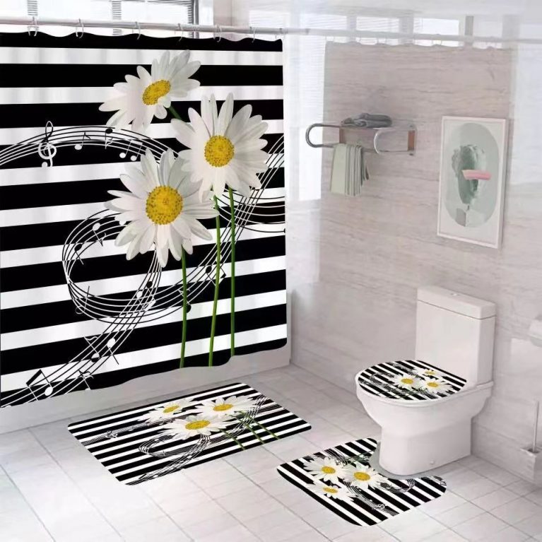 Shower Curtain Sets with Non-Slip Mat, Toilet Lid Cover and Bath Mat, Shower Curtains with  Hooks, Waterproof 200 cm by 180 cm
